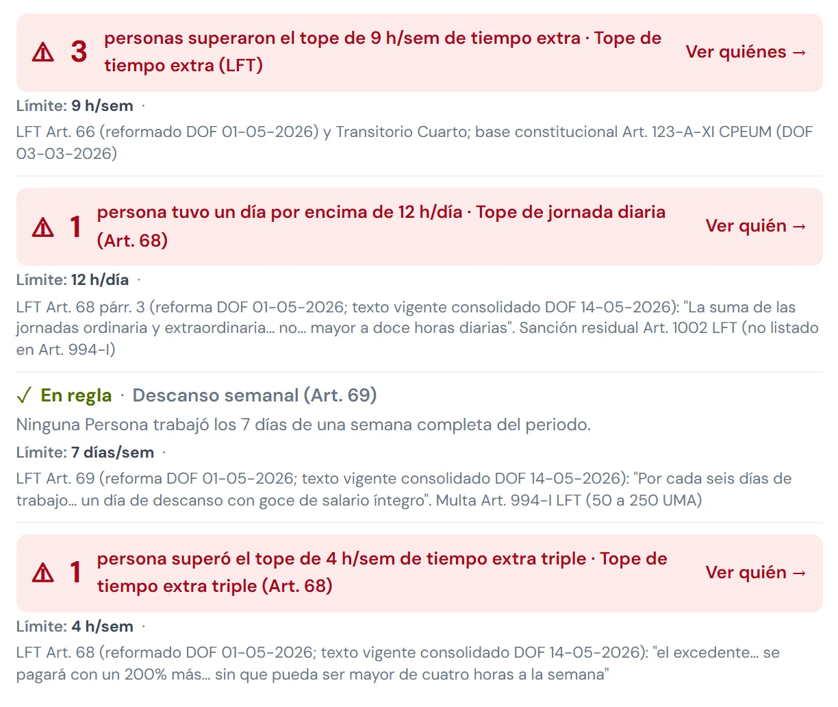 Cumplimiento de jornada en IBIX Cloud: cada persona revisada contra los cinco límites de la Ley Federal del Trabajo, con el artículo que aplica