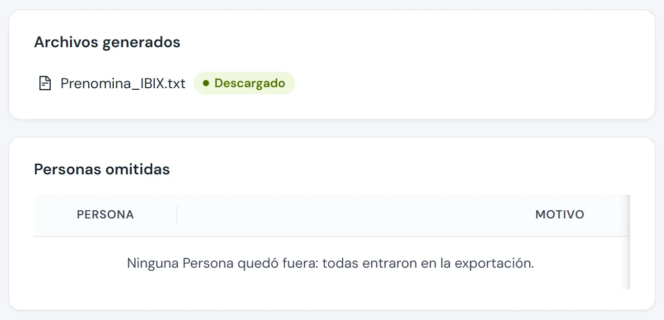 Pantalla de exportación a nómina de IBIX Cloud: el archivo de pre-nómina listo para importar, con el aviso de quién quedó fuera y por qué