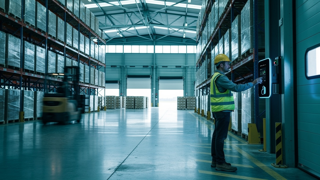Centro de distribución logística con trabajador registrando acceso en una terminal biométrica IBIX