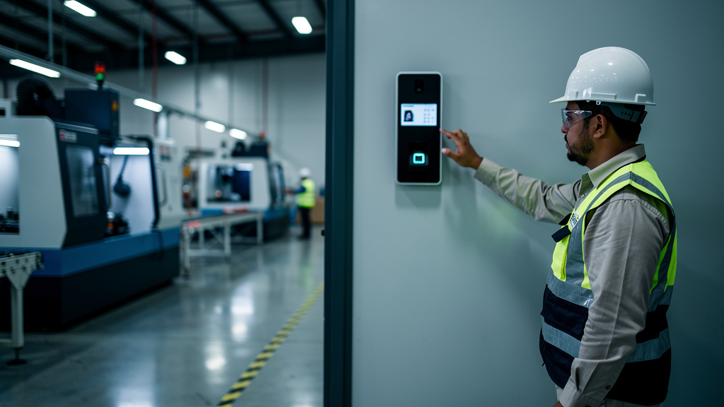 Planta de manufactura con empleado registrando asistencia en un checador biométrico IBIX